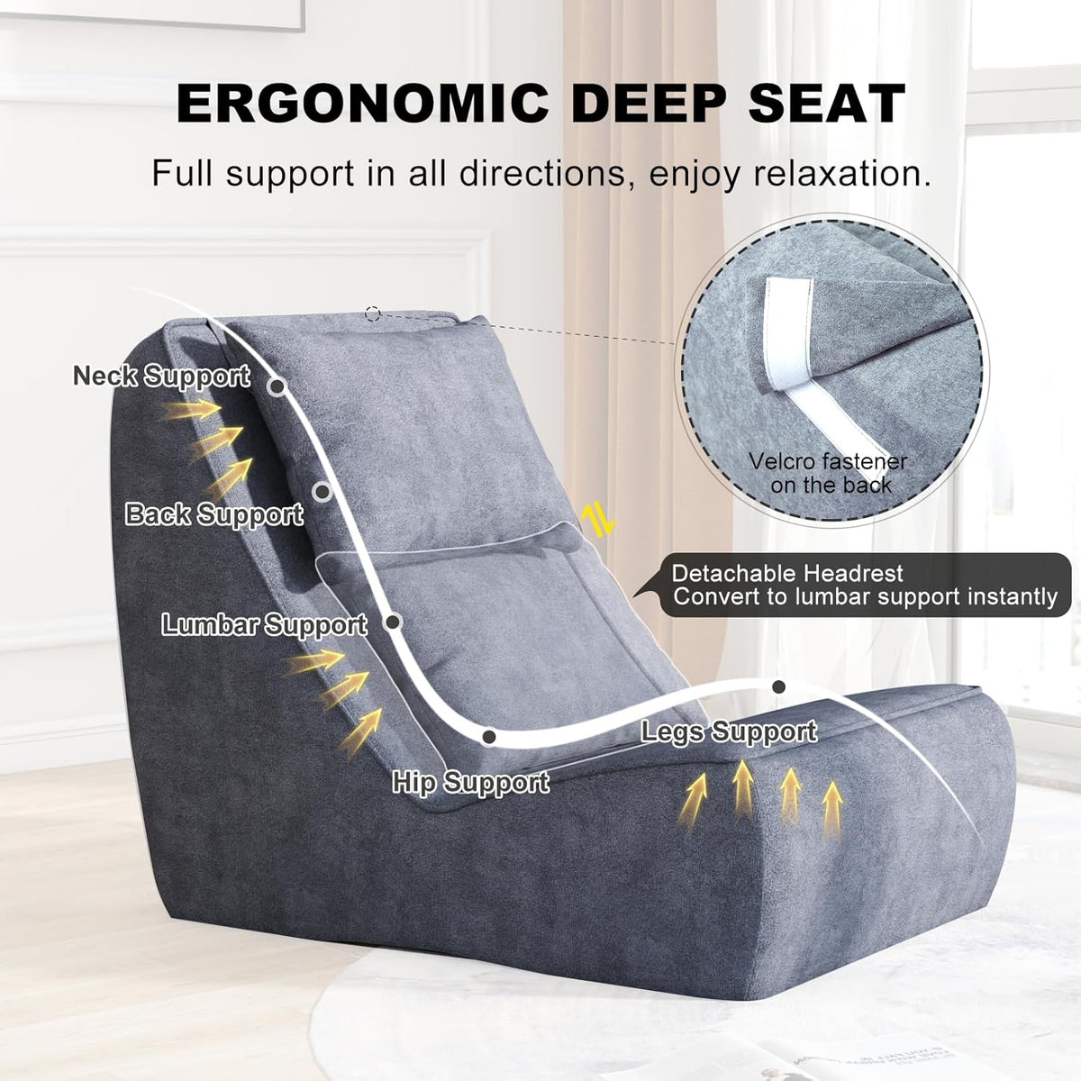 Angled view of the slategray chaise lounge with an ergonomic deep-seat diagram and velcro fastener inset.
