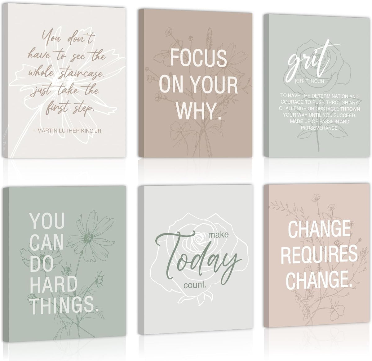 Six individual canvas prints in sage, beige and blush shown against a white background in two rows