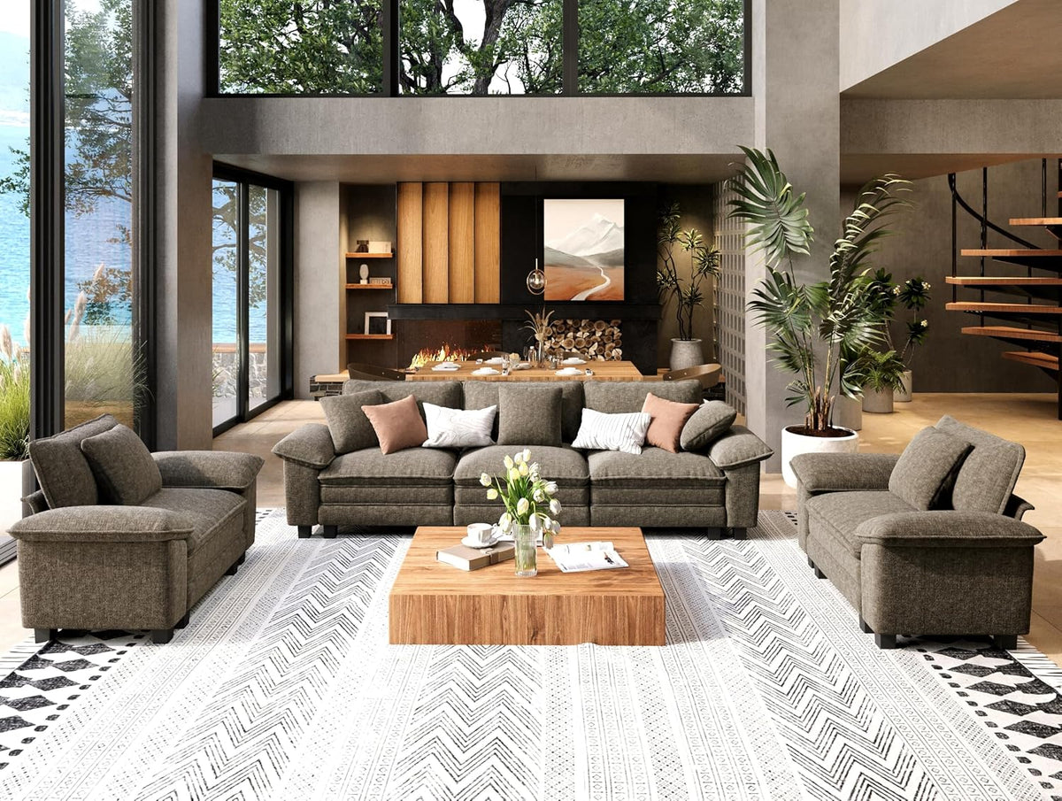 Brown three-seat sofa flanked by two matching lounge pieces with a low wooden coffee table.