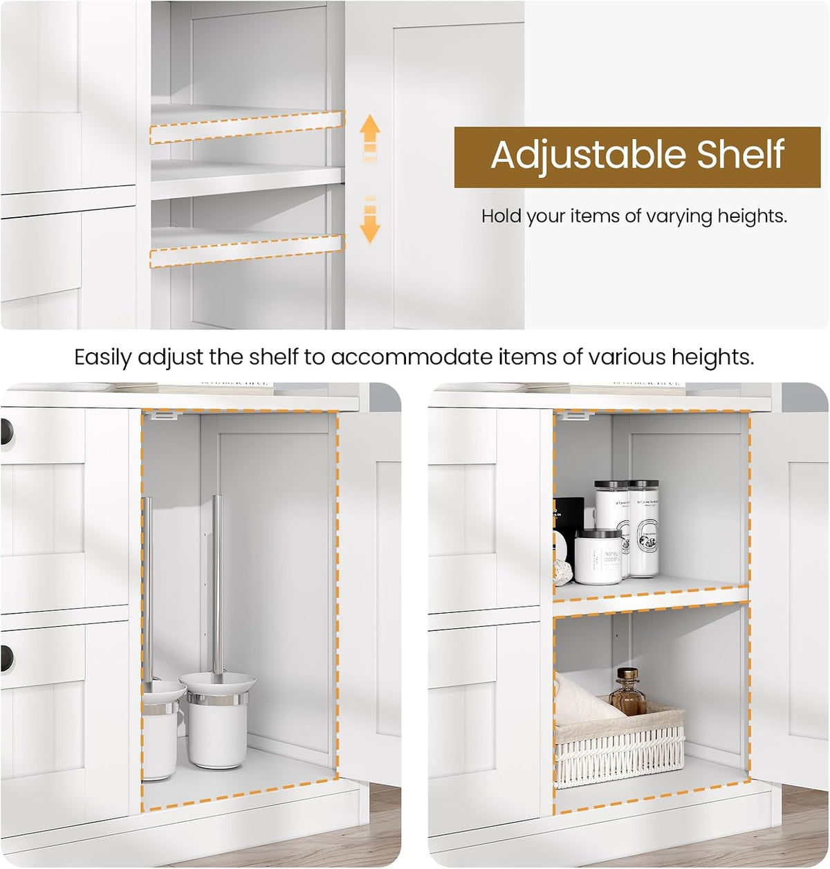 Close-up showing adjustable shelving inside cabinet with inset examples of tall versus divided shelf layouts