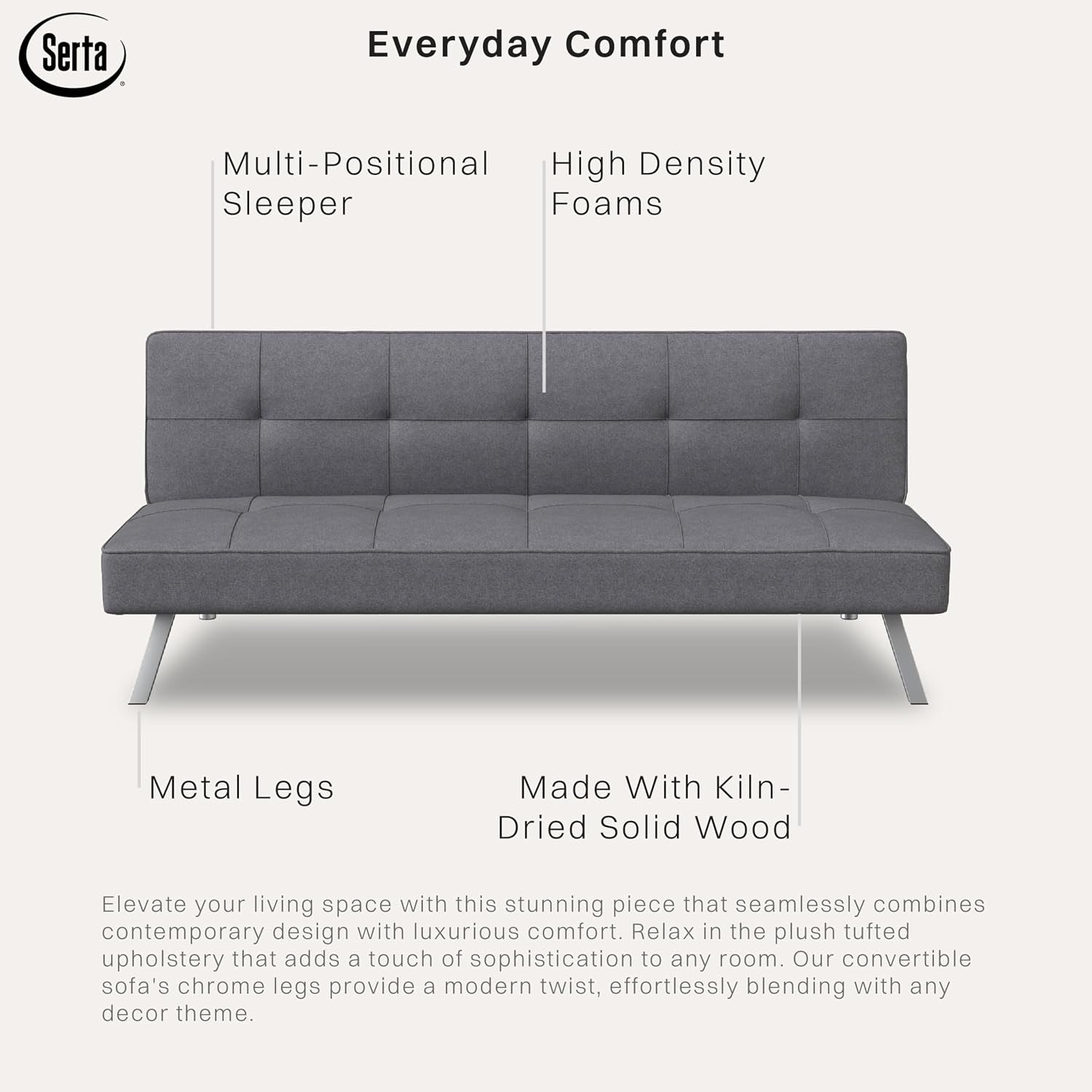 Front-facing view of the futon upright as a sofa highlighting tufted panels and angled metal legs