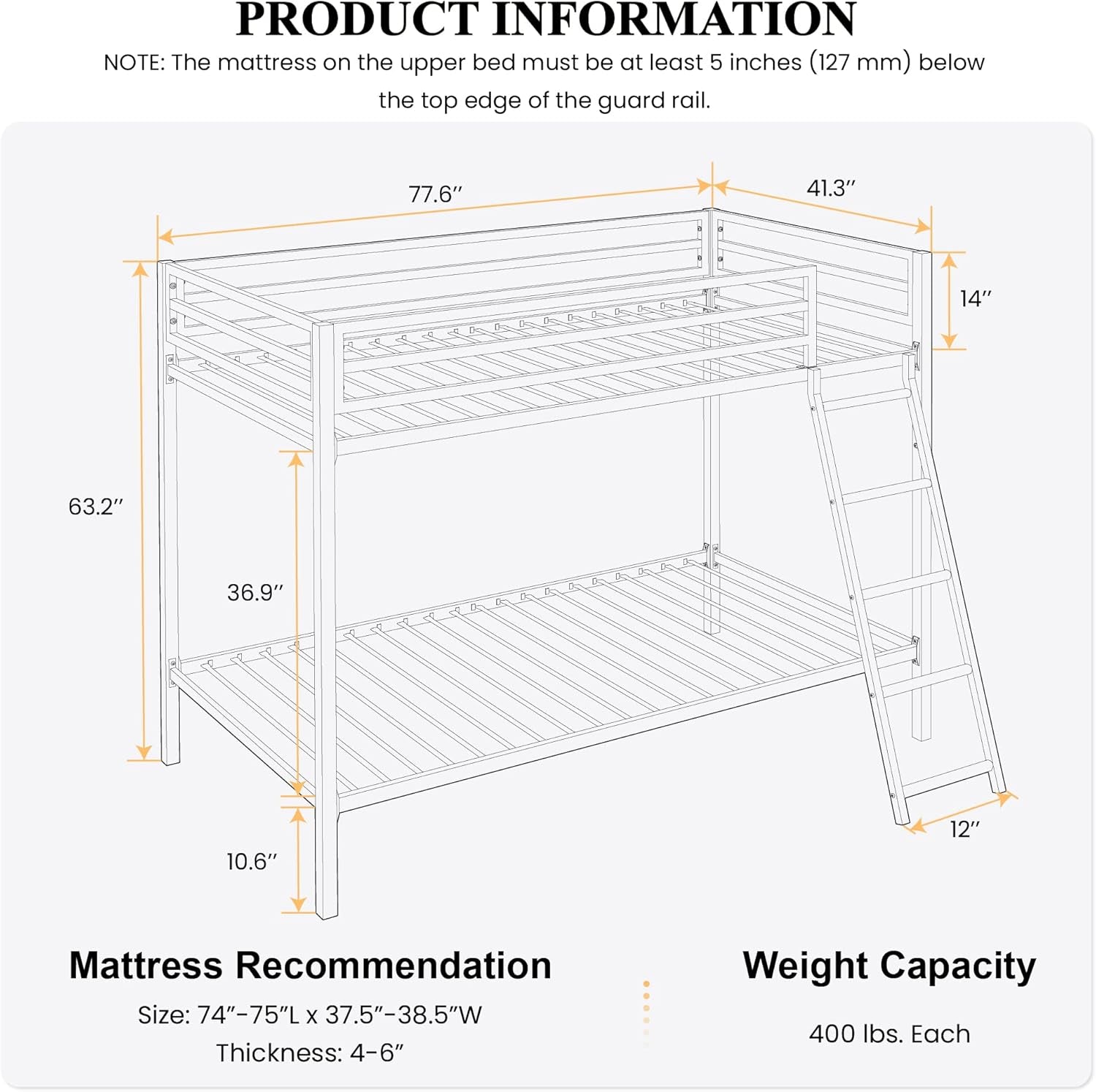 Line-drawing dimension diagram of the twin-over-twin bunk bed showing overall measurements and angled ladder.