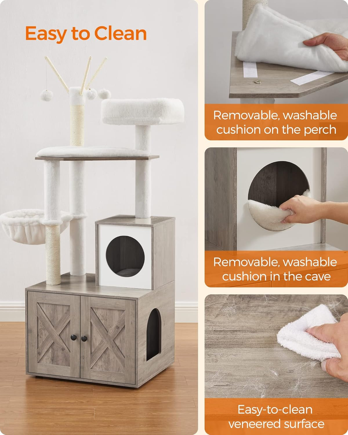 Collage showing removable white cushions, hand wiping the veneered surface and cave cushion removal for cleaning