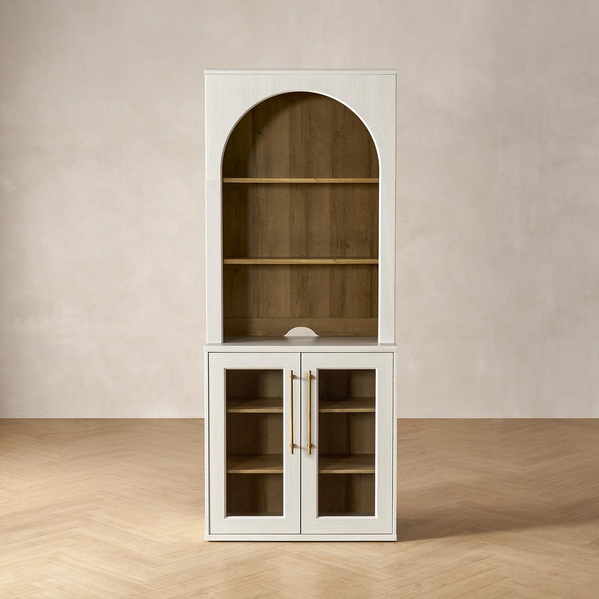 Front-facing studio shot of a two-piece off-white hutch and base showing the seam where the hutch meets the base