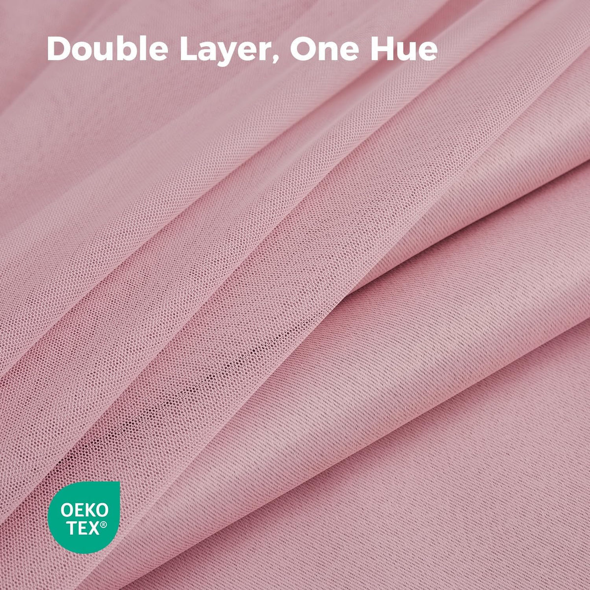 Folded pink fabric close-up showing the fine mesh texture of the sheer overlay over the solid fabric beneath.