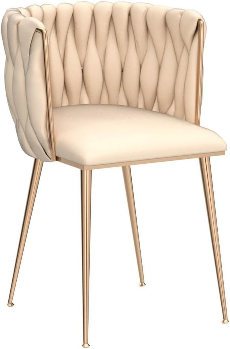 Beige velvet dining chair angled front view showing woven back and gold legs on white background