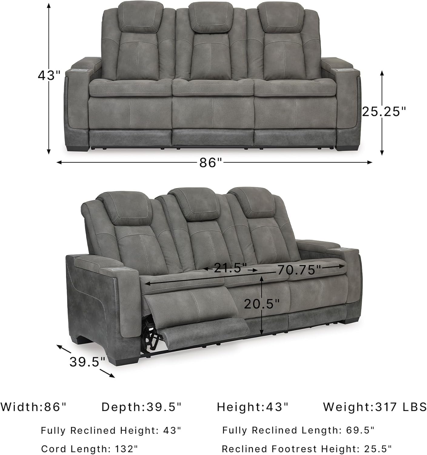 Signature Design by Ashley Next-Gen Durapella Modern Faux Leather Power Reclining Sofa with Adjustable Headrest, Gray