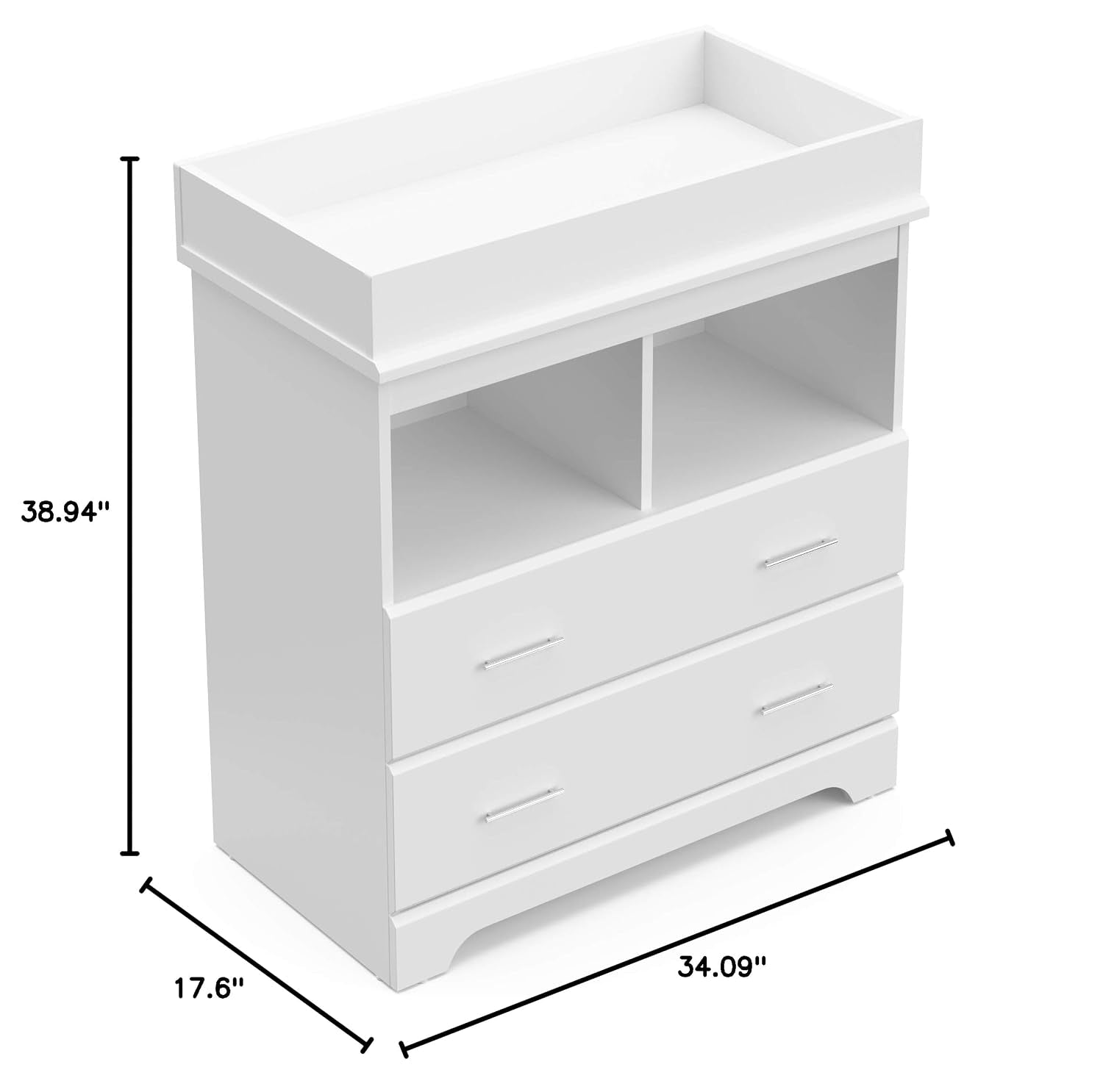 White changing chest with dimensional markers showing height, width and depth measurements on a white background