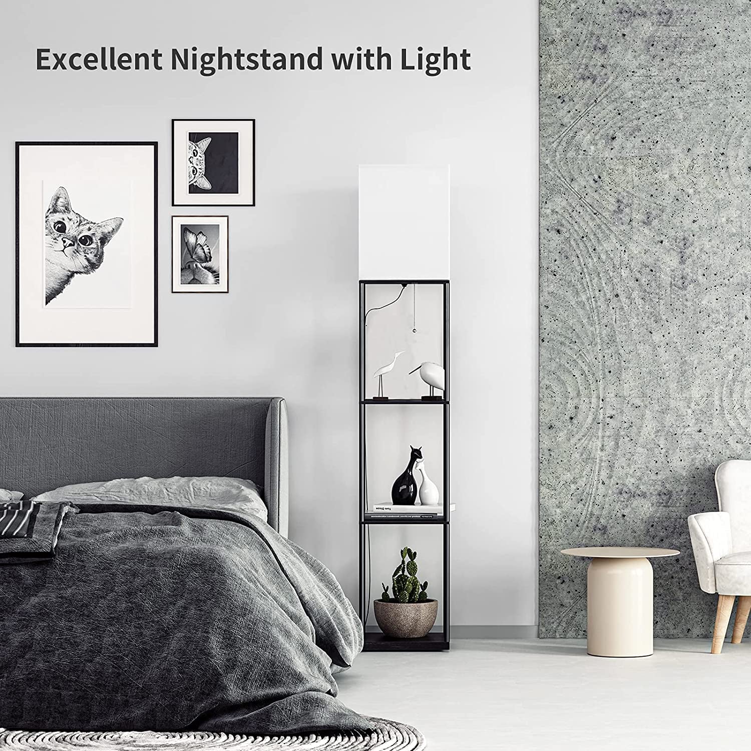 Black tall floor lamp with four open shelves staged in a modern bedroom beside bed and artwork.