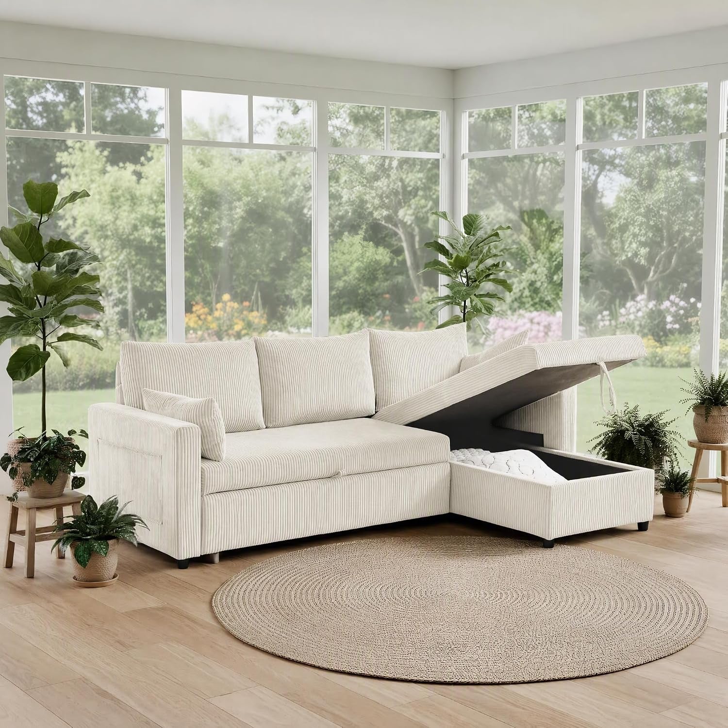 Light cream corduroy sectional showing open chaise storage and matching throw pillows by large windows.