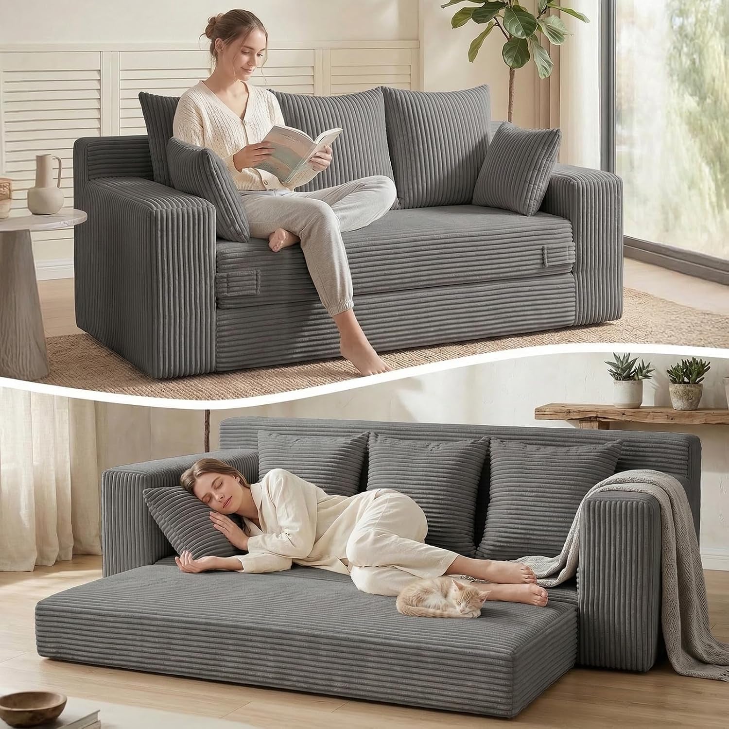 Gray corduroy 3-seat sofa with wide arms, matching cushions, and mattress folded out with sleeping model