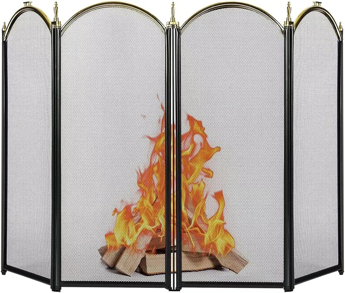 Tight front crop of the four-panel mesh screen showing the central hinge, gold arched tops and stylized flames behind.
