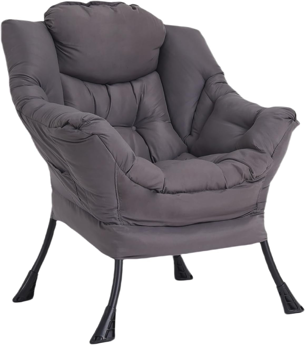 Isolated dark grey oversized padded lounge chair shown from a three-quarter side angle on white background.