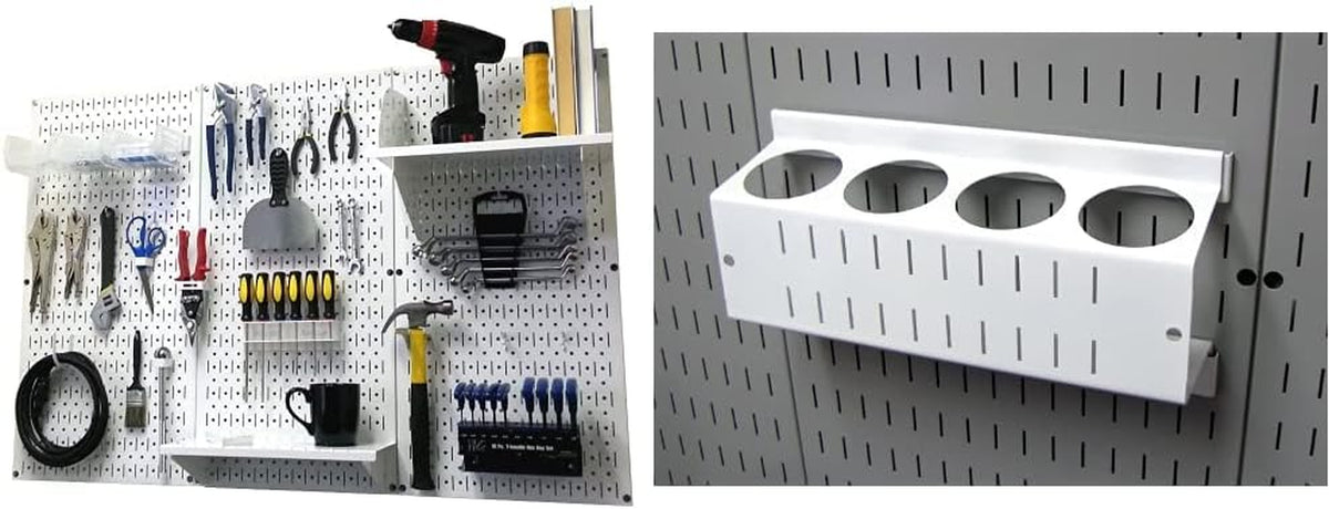 Left: white metal pegboard filled with tools and shelves; right: close-up of a white four-hole holder on a gray pegboard.