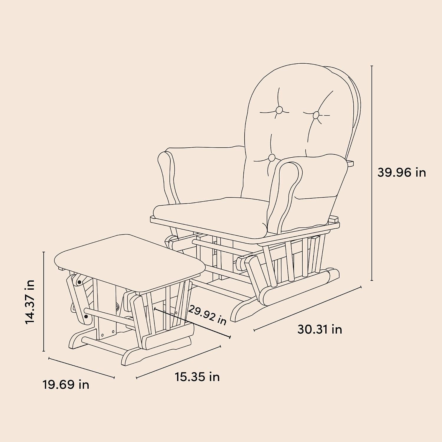 Line-drawn dimension diagram of the glider and ottoman with measurement callouts.