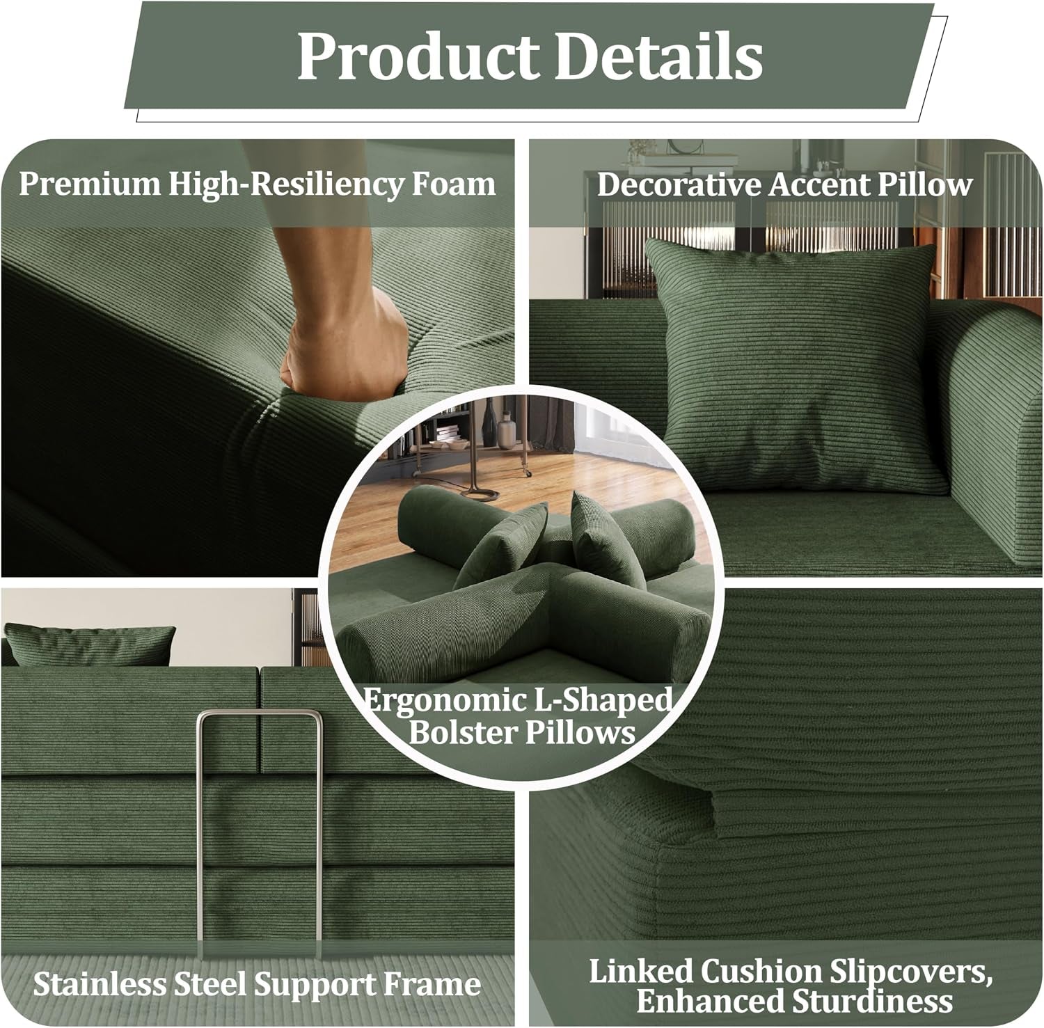 Collage of close-ups: fabric texture, square pillow, stainless support frame and linked cushions.