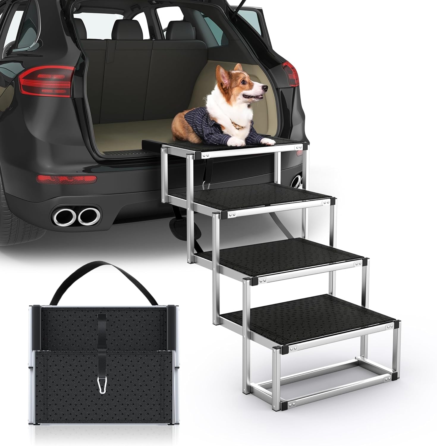 Four-step aluminum stairs set at a car trunk with a corgi resting on the top step and a folded front view with carrying