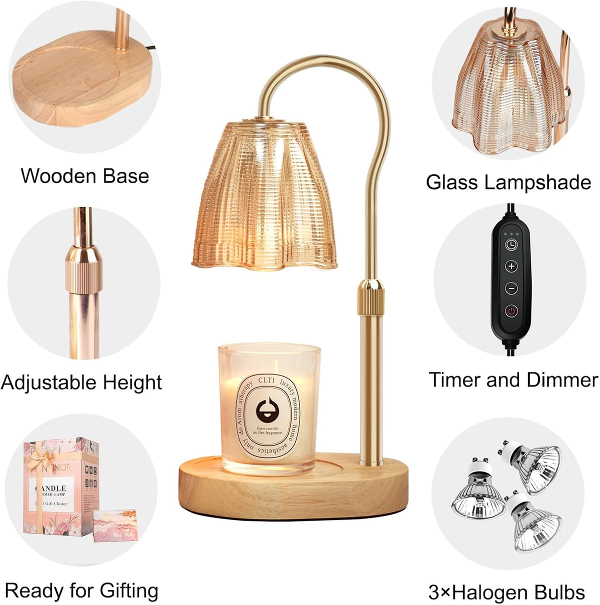 Collage showing lamp over a candle with wood base, remote, bulbs and close-up detail circles