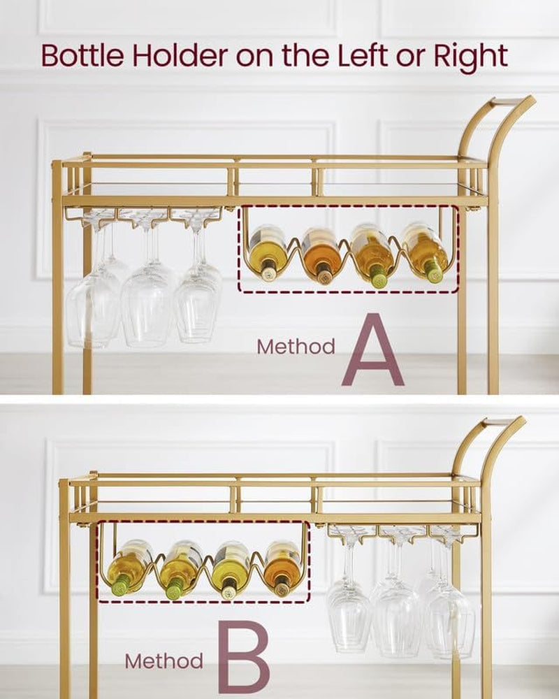 Two stacked images showing the cart frame with wine rack placed on left (Method A) or on right (Method B) and hanging glass