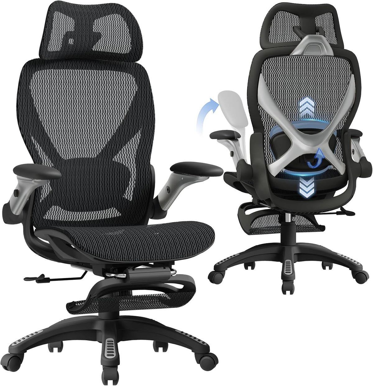 Black mesh ergonomic office chair shown front and rear on a white background with lumbar arrows.