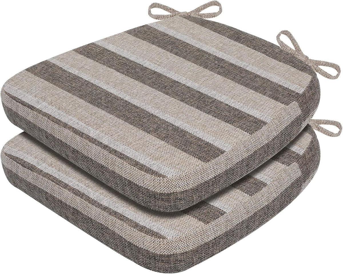 Two beige-and-brown striped D-shaped cushions stacked, top cushion slightly offset to reveal stripes