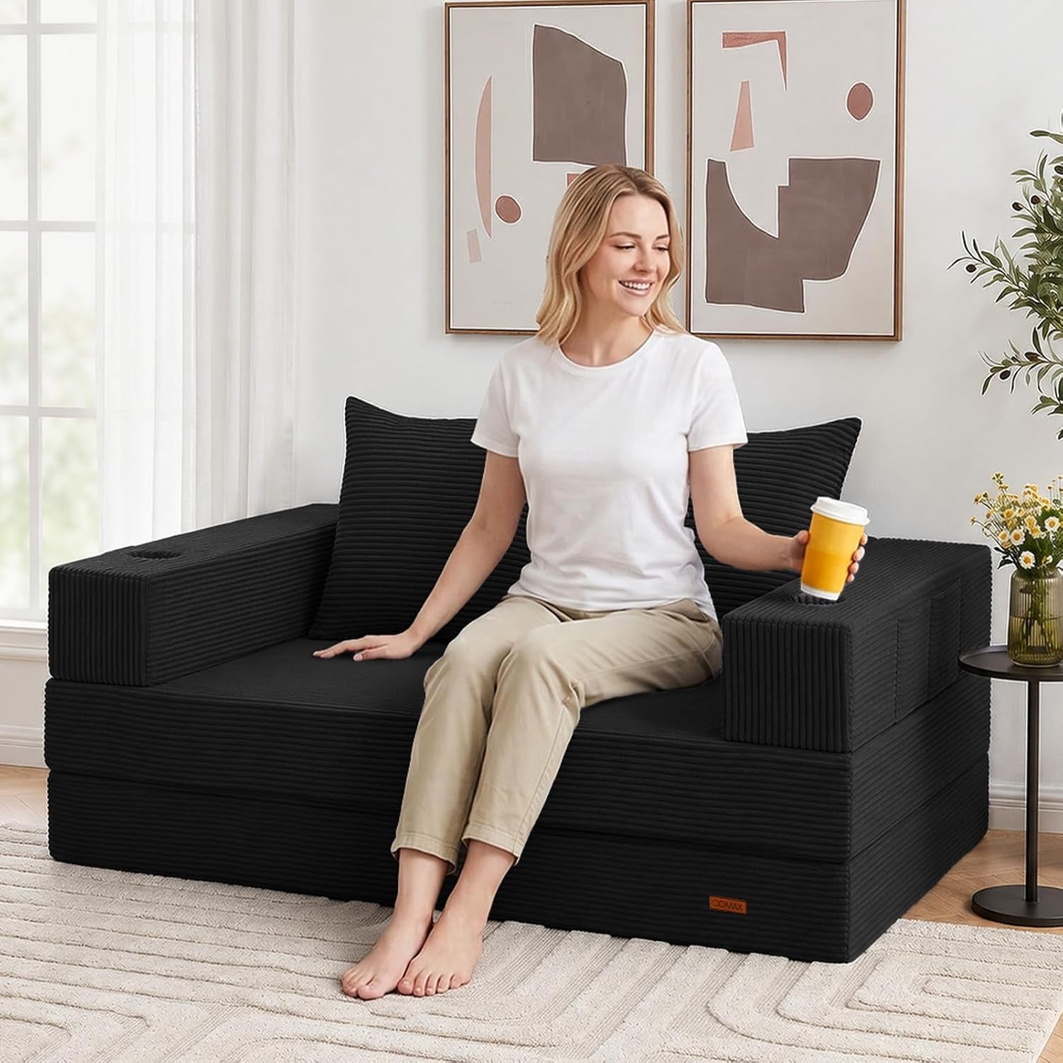 Futon Sofa Bed, Convertible Sofa Bed, Folding Boneless Couches | Low-Profile Boneless Couch for Living Room, 11.8" H Low Seat Small 59" Foldable Floor Sleeper Mattress Lounge Space‑Saving
