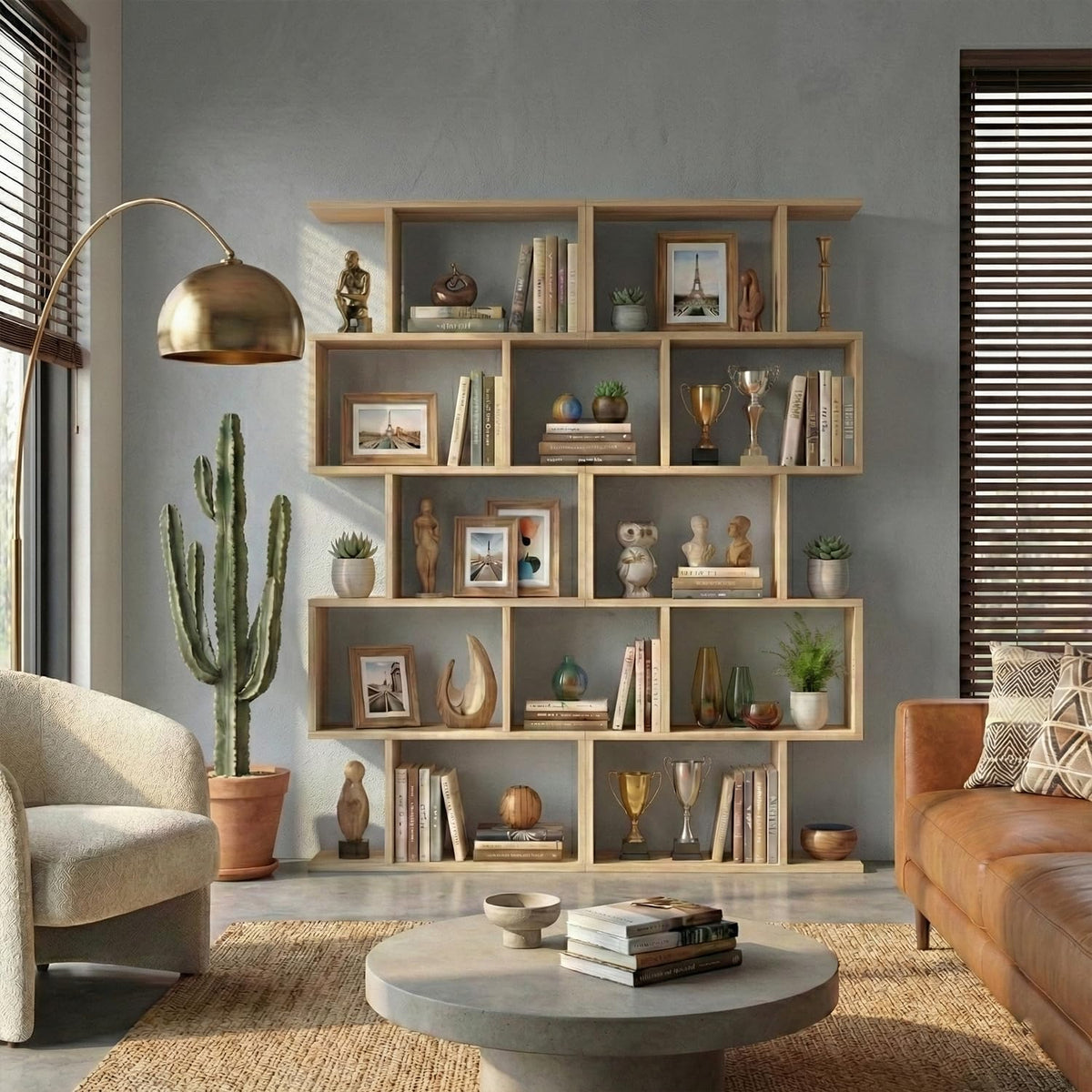 Oak-finish S-shaped bookcase styled with books, trophies and plants beside a floor lamp, straight-on view