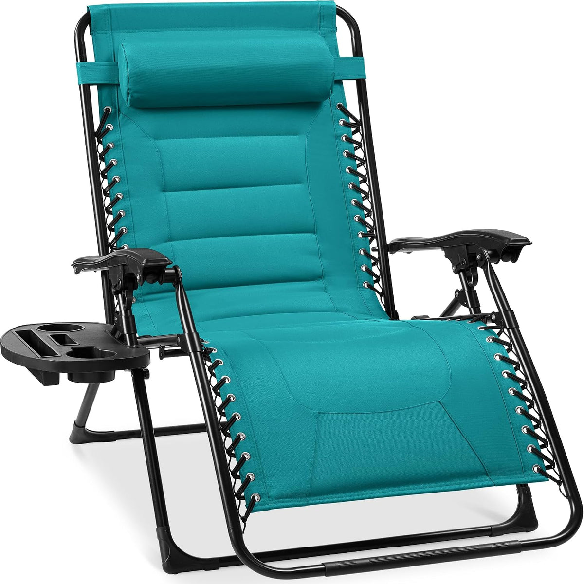 Teal padded zero-gravity recliner with black frame, head pillow and side tray with cup holders.