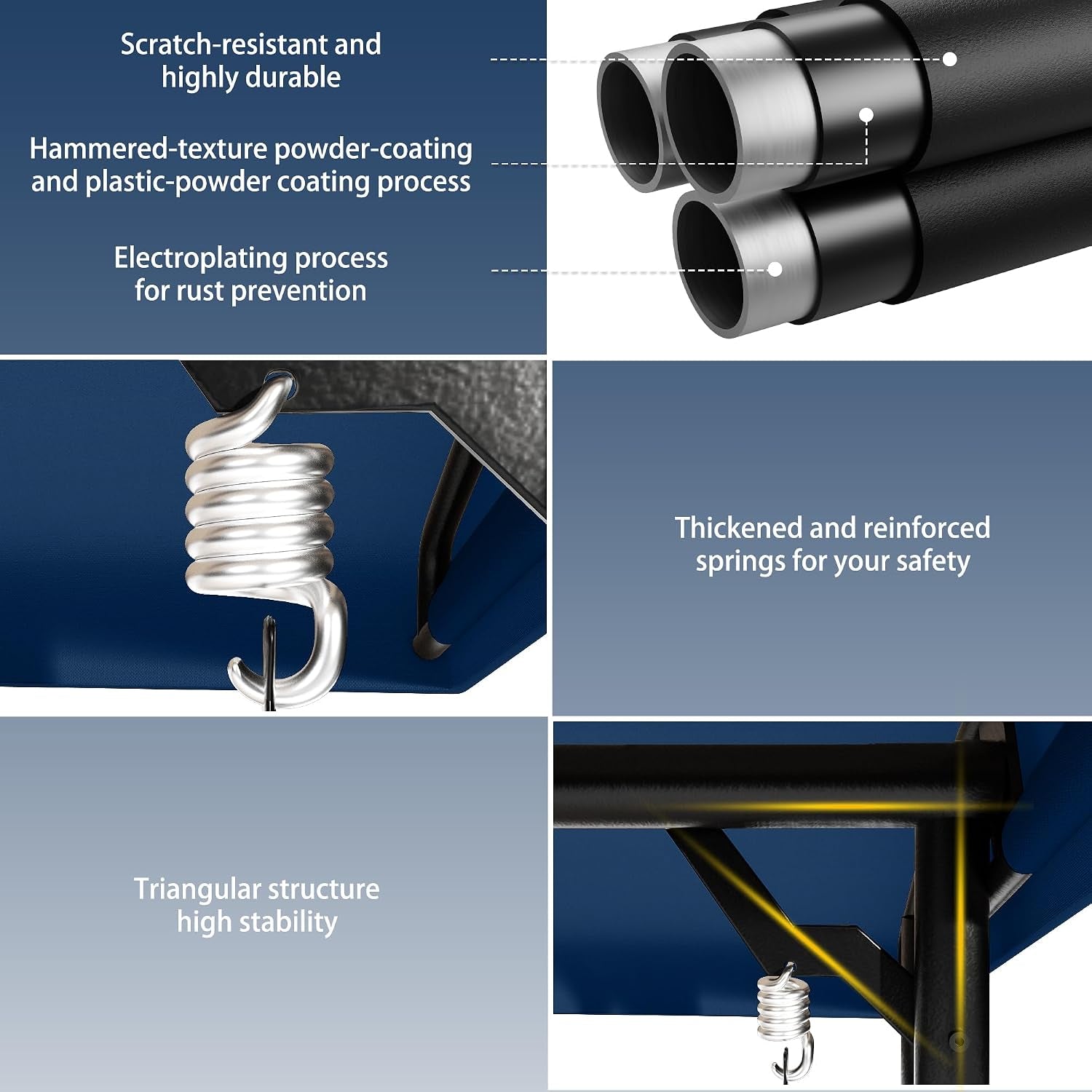 Detail collage showing metal springs, tubular iron frame sections and a powder-coated finish