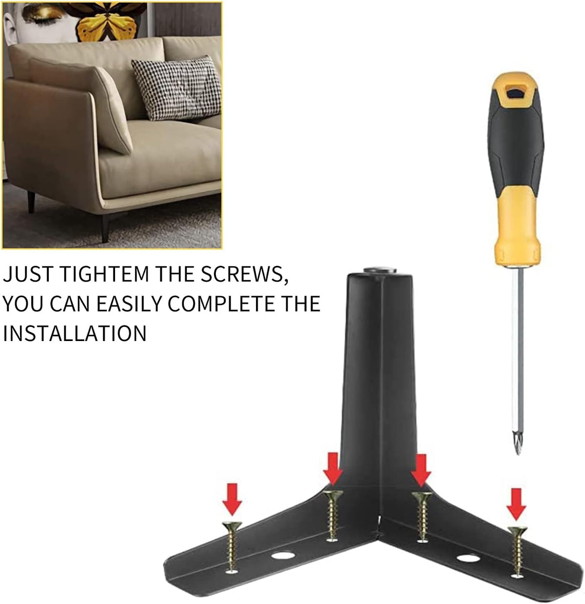 Black metal leg bracket with mounting screws in place and a screwdriver illustrating screw installation
