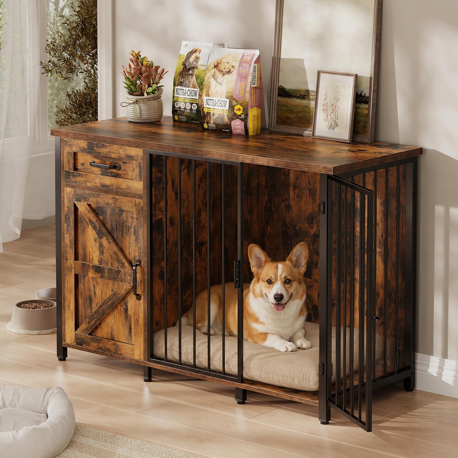 Rustic wood dog crate console in a living room with a corgi inside and decorative items on top
