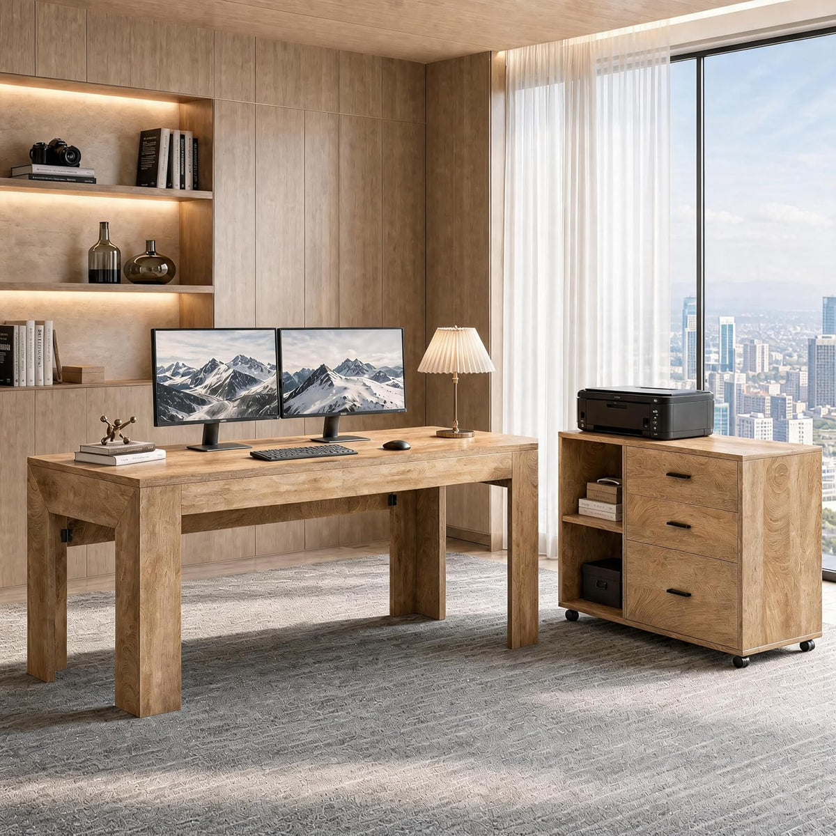 Brown L-shaped desk with dual monitors and rolling file cabinet on casters in a bright office with city view