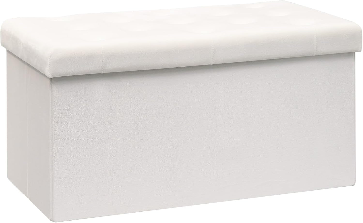 Rectangular pink folding storage ottoman with a tufted padded lid on white