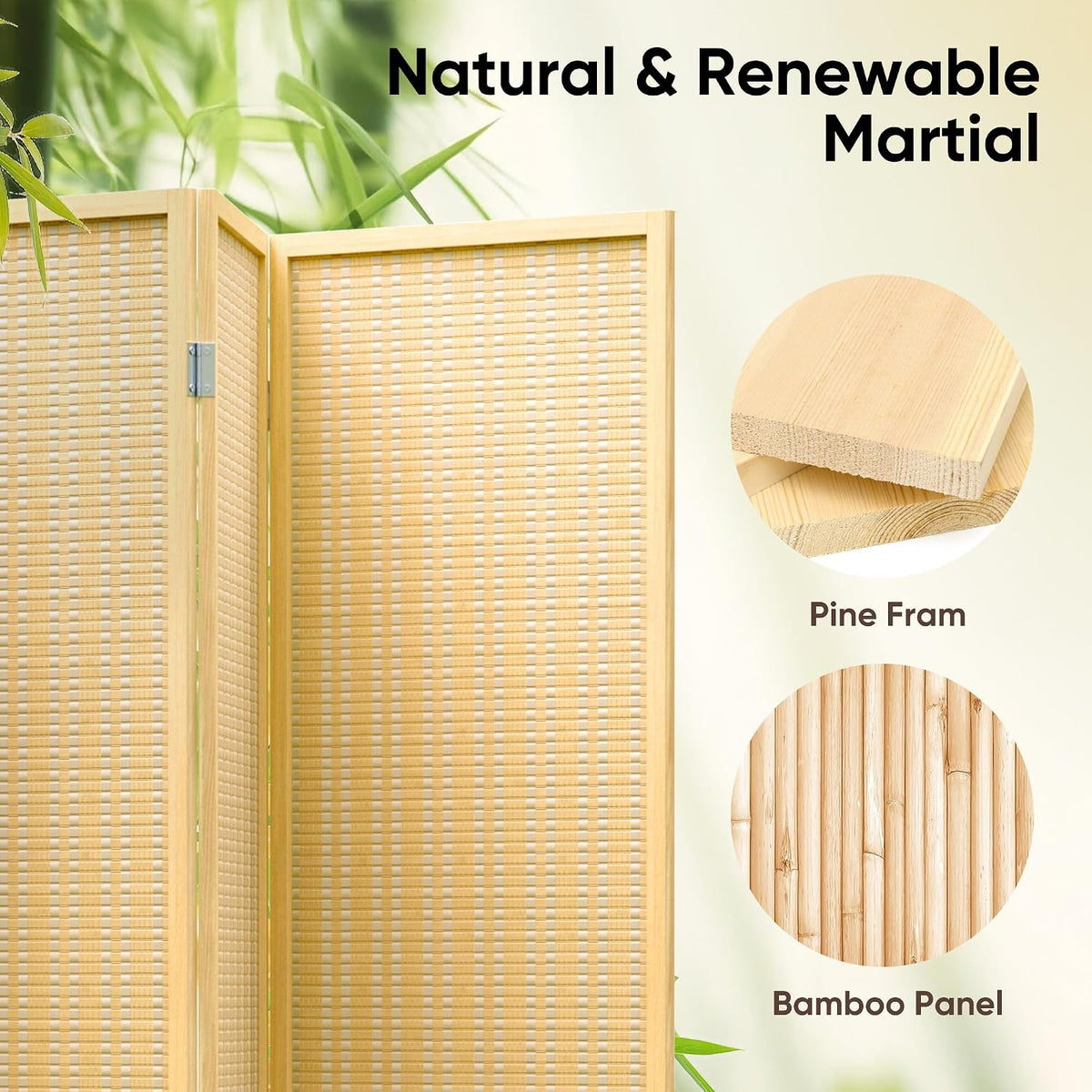 Close-up of the divider corner showing a pine wood frame and woven bamboo panel texture