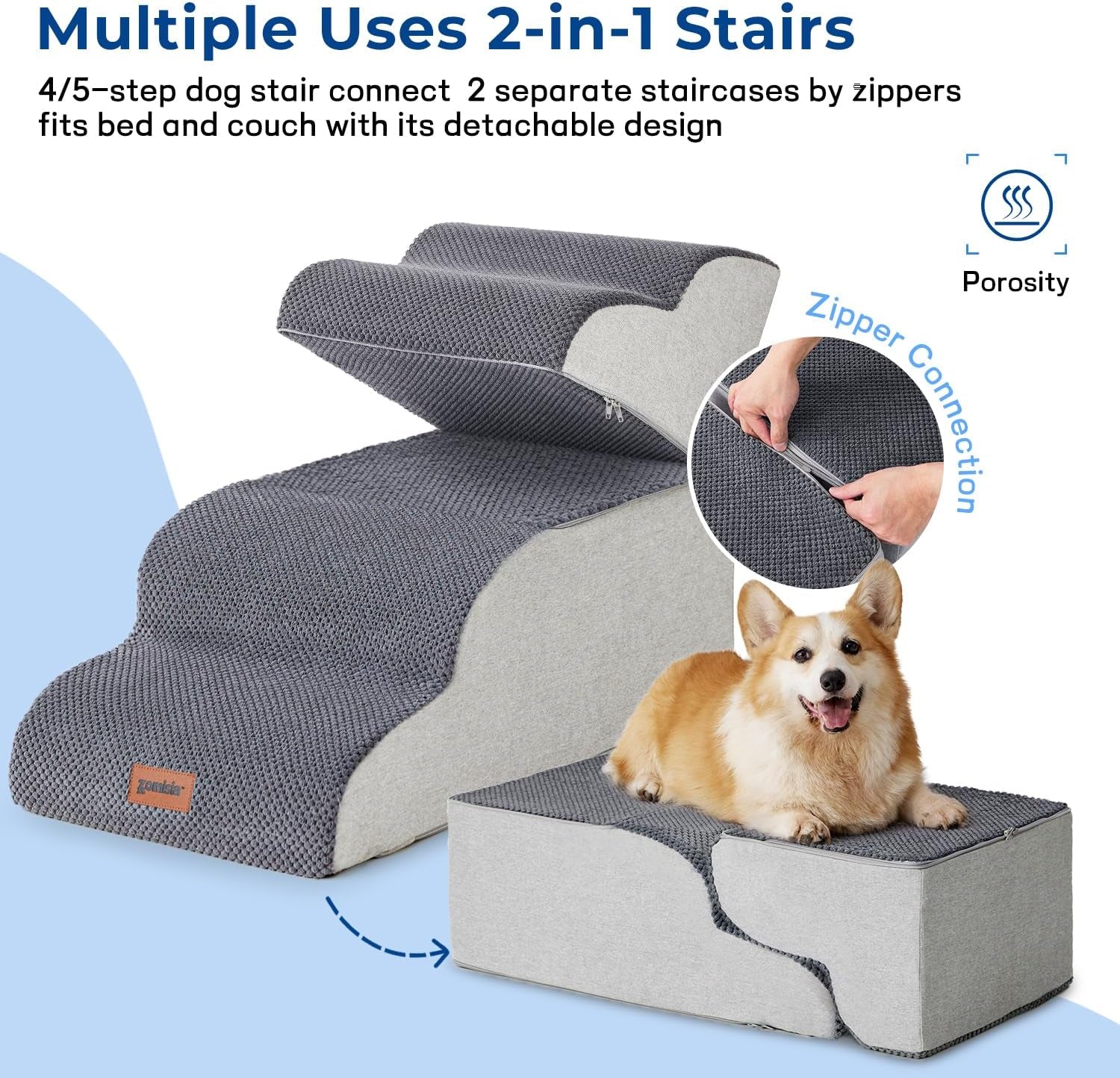 Grey fleece pet stairs shown as connected 5-step and separated 3+2-step pieces with zipper close-up and a corgi on the lower,