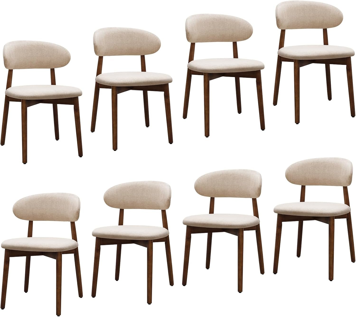 Eight beige upholstered dining chairs with curved backs and brown legs on a white background.