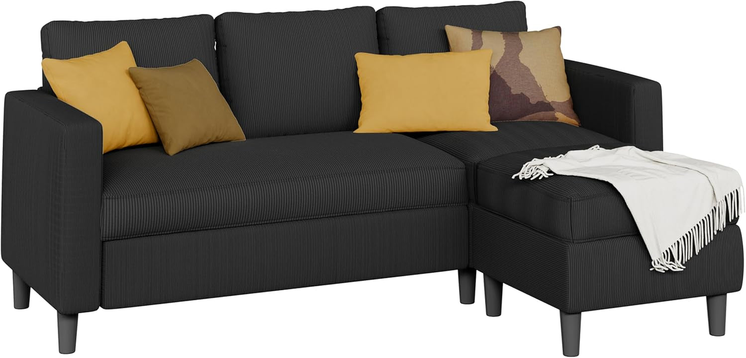 L Shaped Sectional Sofa Couch,Convertible Modular Sofas with Movable Ottoman,3-Seat Upholstered Corduroy Couch,Small Couches for Living Room,Apartment,Office(Black)