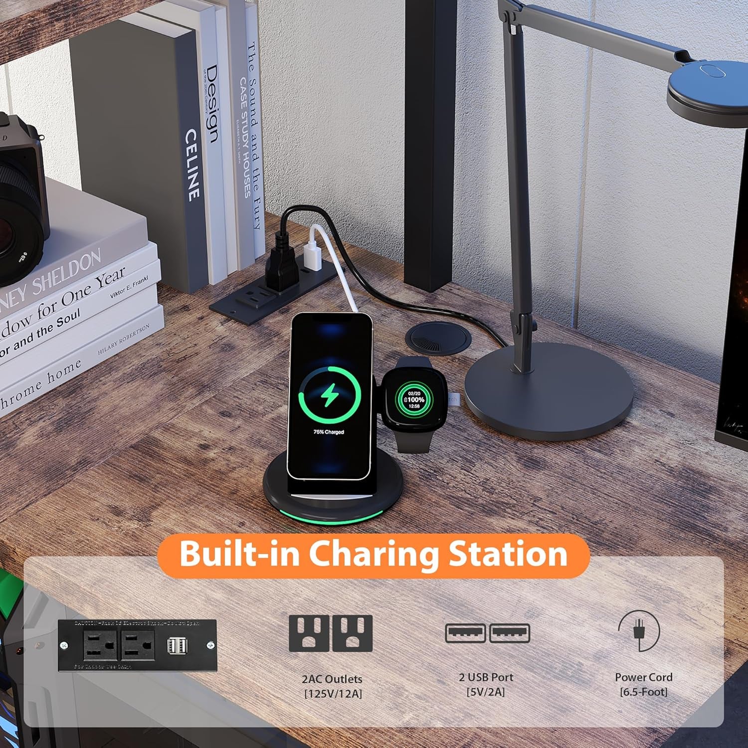 Desk surface with wireless charging dock holding a phone and smartwatch, lamp, books and power strip visible