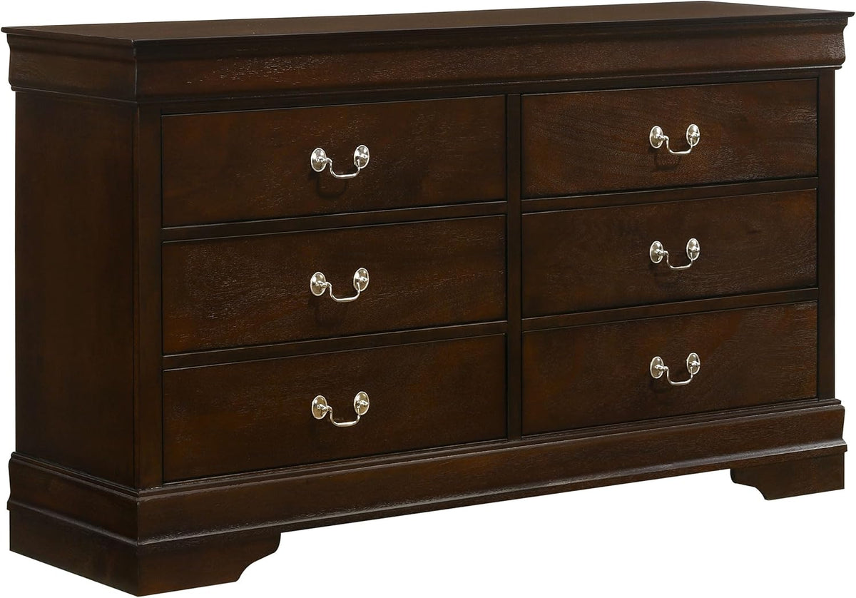Angled view of the dresser's front showing six drawer faces, bail pulls and sculpted base molding