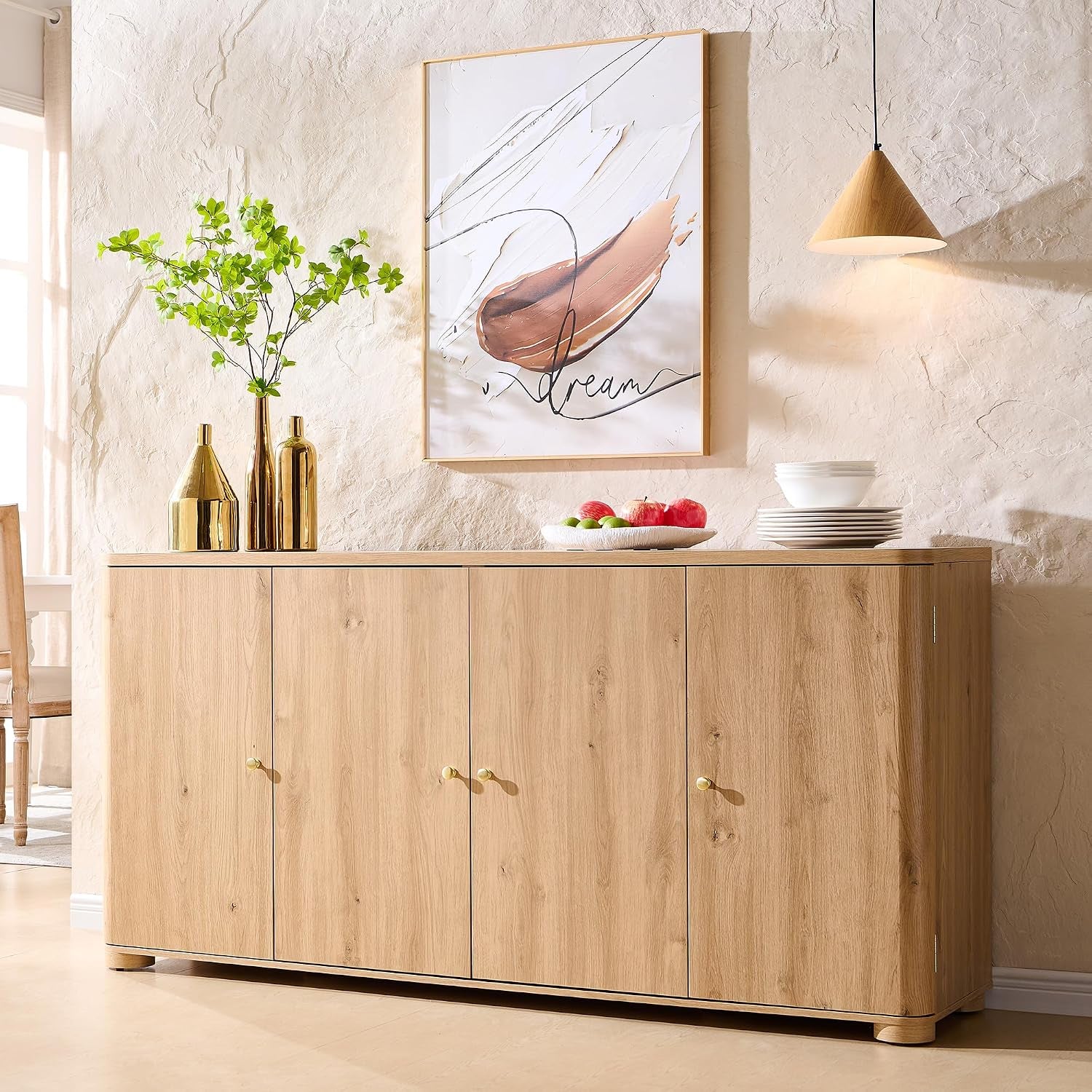 Natural wood 66-inch sideboard front view with four doors in a styled dining room setting.