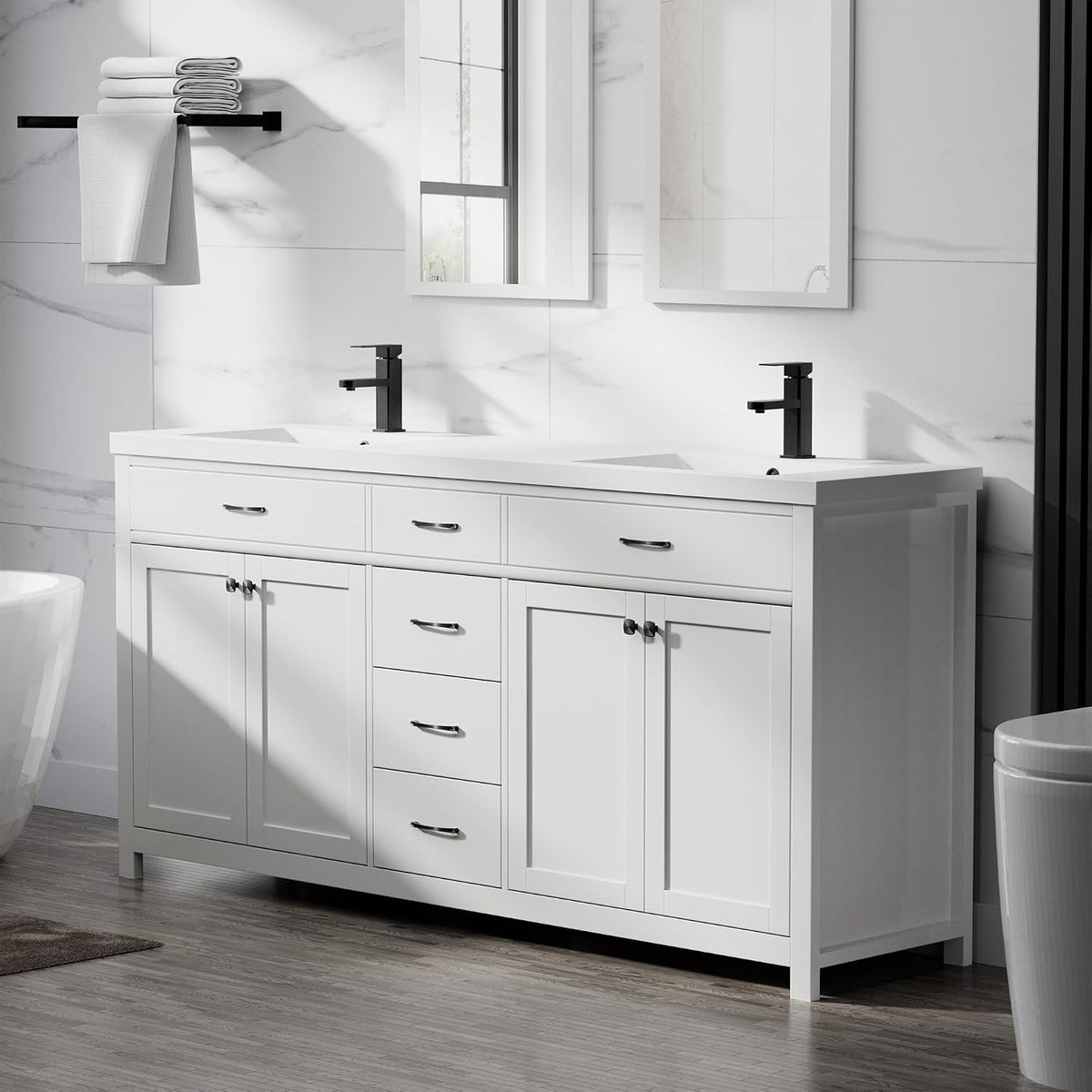 Angled side view of white vanity showing cabinet profile, raised feet and integrated sink with matte-black faucet