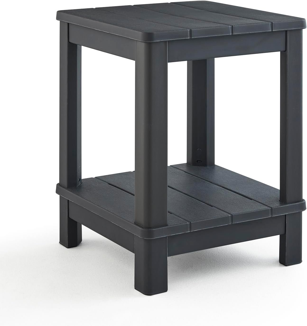Graphite two-tier square outdoor side table close-up angled front view on white background