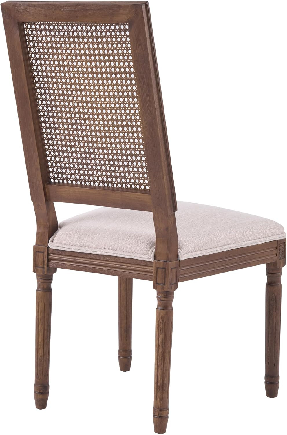 Three-quarter rear angle highlighting the woven cane back, seat cushion edge and turned rear legs.
