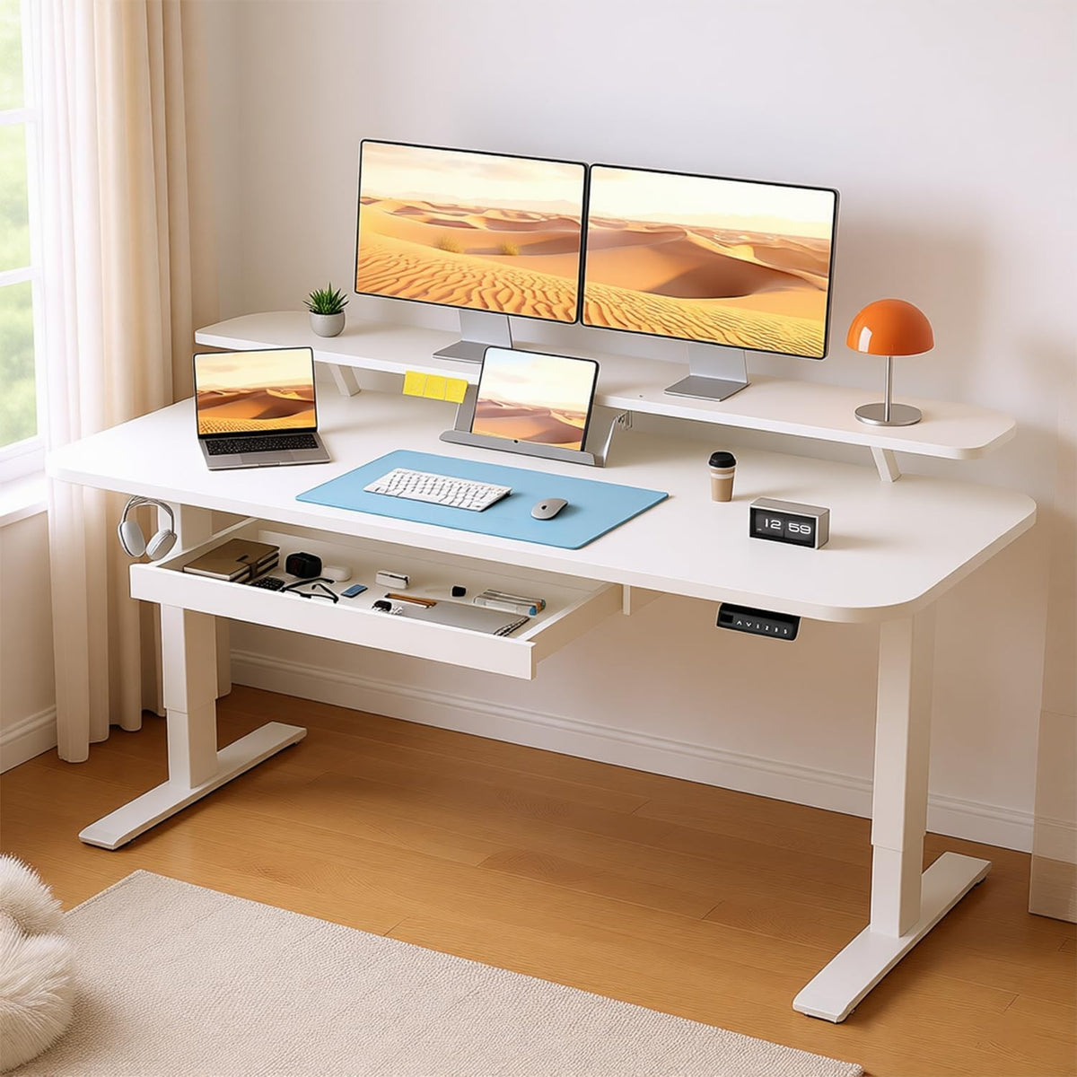 Wide view of the white standing desk in a bright room showing the elevated monitor shelf, open storage drawer and rug.