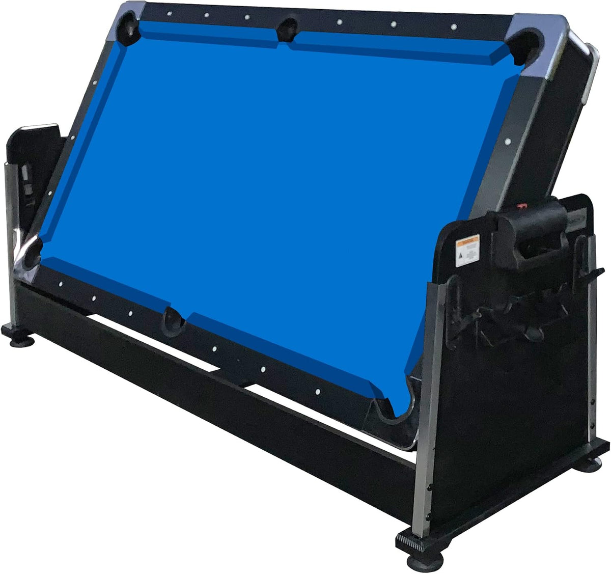 Table shown upright in swivel storage position with blue felt playing bed and black support frame