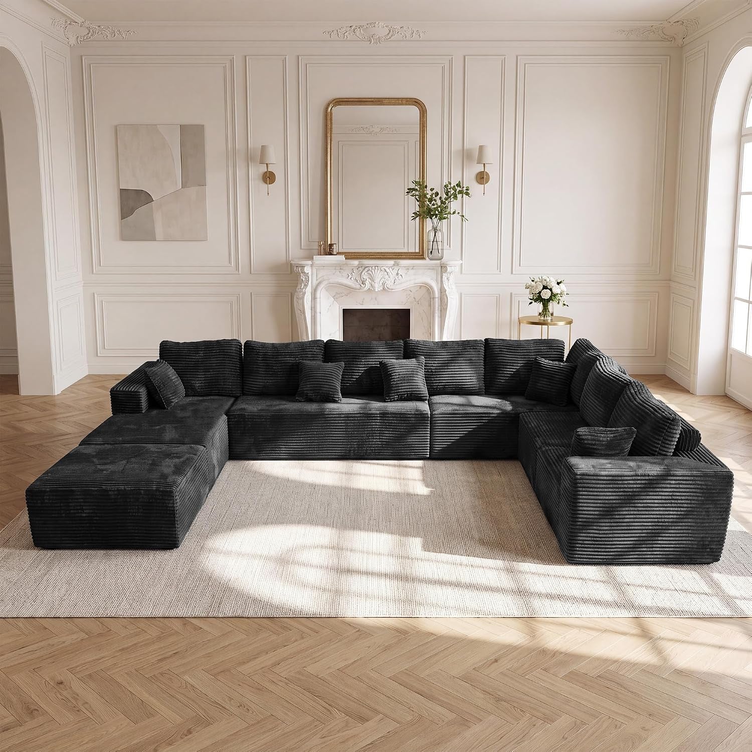 ONEMMLION 96" L-Shaped Cloud Boneless Couch Sofa with Chaise, Beige White | Corduroy Comfy Fluffy Modular Deep Seat Memory Foam Compressed Sectional Sofa for Living Room Oversized Left Facing Chaise