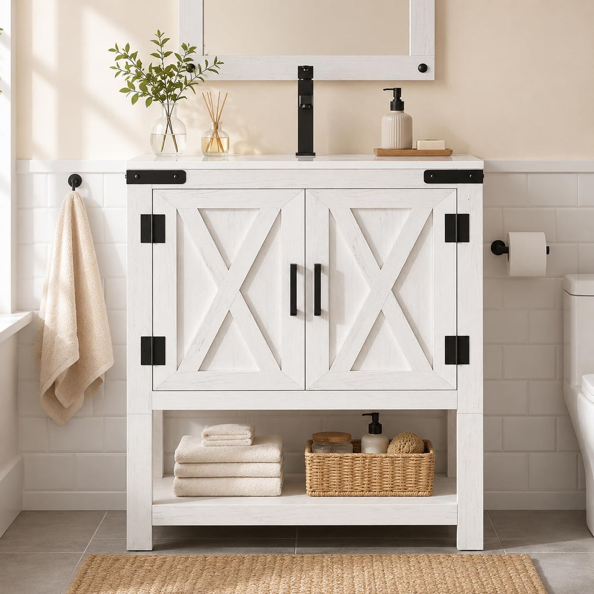 Front view of a white farmhouse bathroom vanity with X-panel doors and open lower shelf