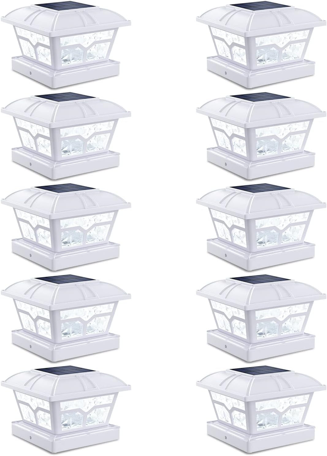 Eight white post cap lights with solar panels and clear faceted panels, arranged in rows.