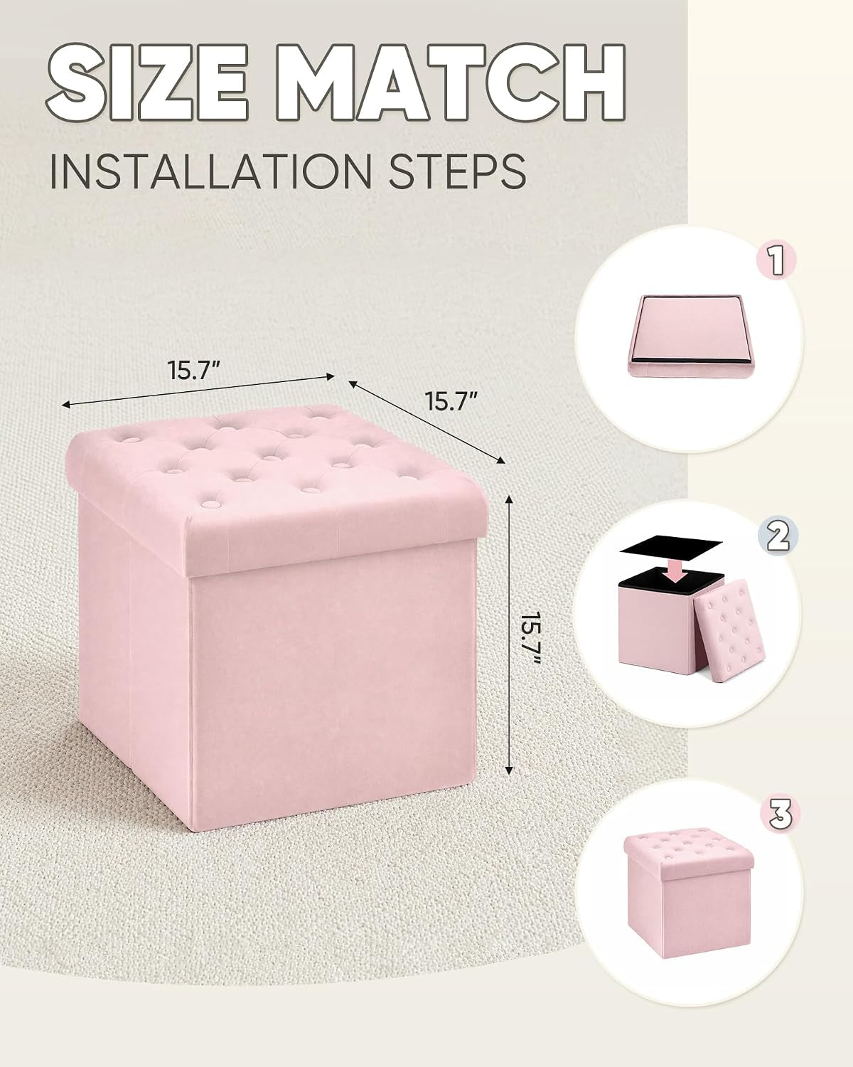 Illustration of pink ottoman with installation steps and 15.7 by 15.7 by 15.7 inch dimensions