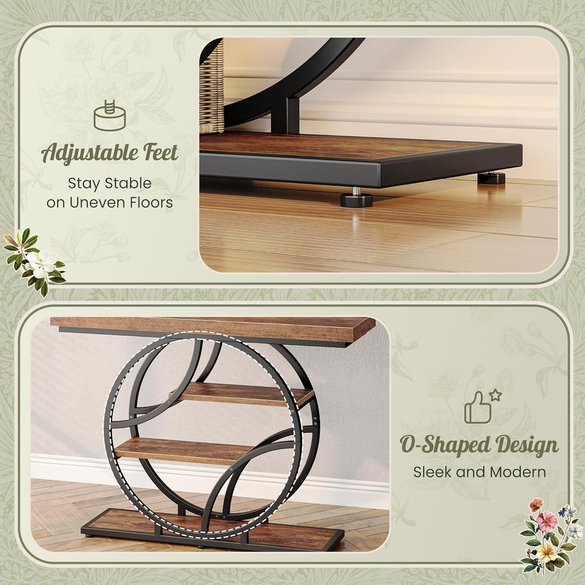 Close-up of adjustable leveling feet under the table's lower shelf on a wood floor.